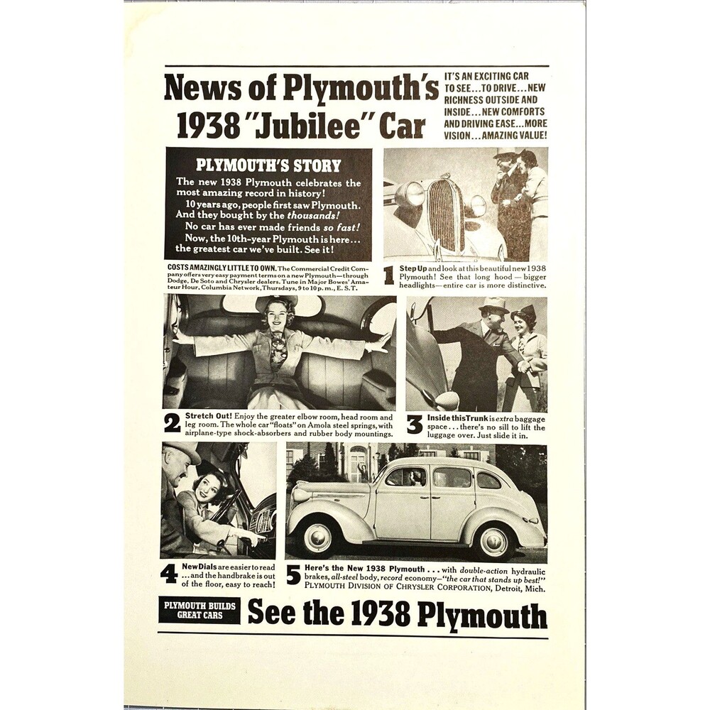 Plymouth "1938 JUBILEE Car- Exciting to See!" Vintage Print Ad 1938